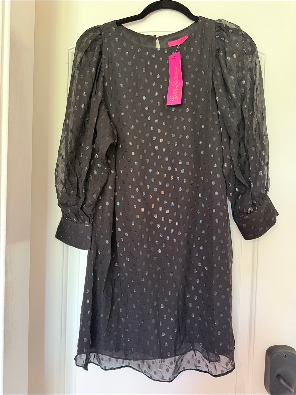 Lilly Pulitzer Black Sheer Puff-Sleeve Dress with Metallic Dots